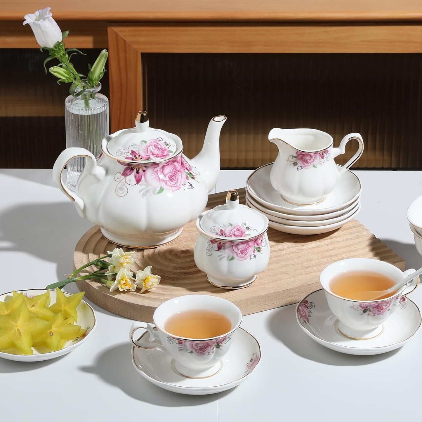 Sweejar Porcelain Tea Sets, Vintage British Floral Relief Gold Rimmed Teapot Cup and Saucer Set, Tea Set Service for 6, with Teapot, Sugar Bowl, Milk Jug, Spoons, Tea Cup and Saucer (Flower)