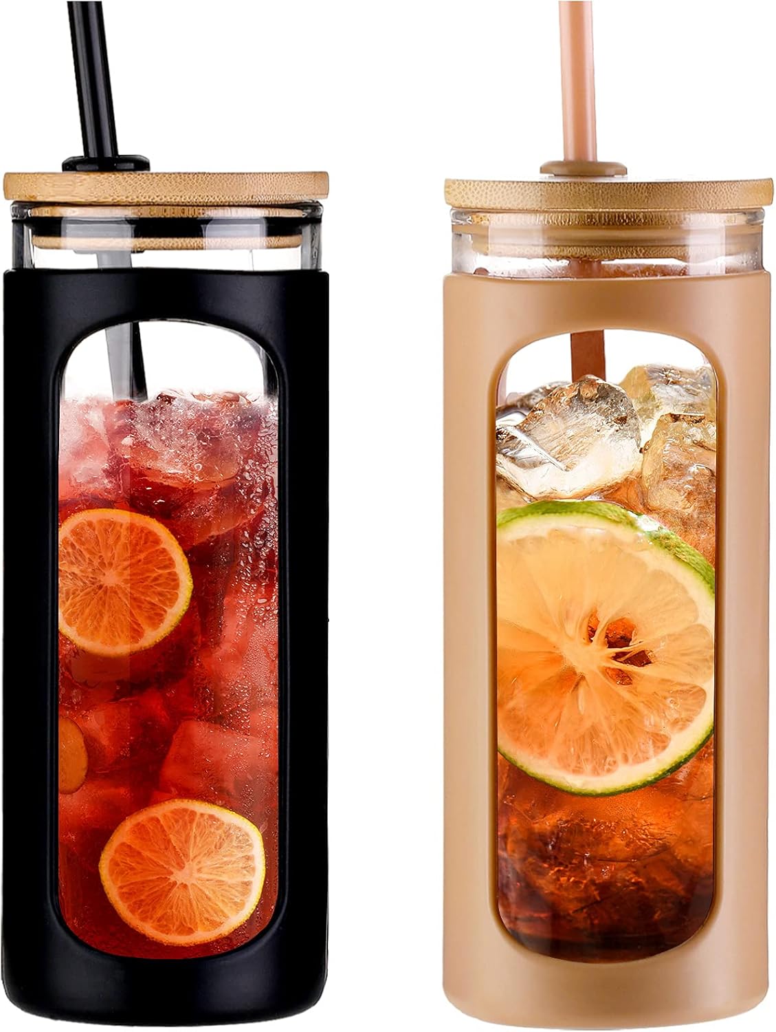 Kodrine 20oz Glass Tumbler with Straw and Lid, Bamboo Lids Water Bottle, Reusable Iced Coffee Cups, Wide Mouth Smoothie Cup with Protective Silicone Sleeve BPA FREE-Black+Amber-2pack