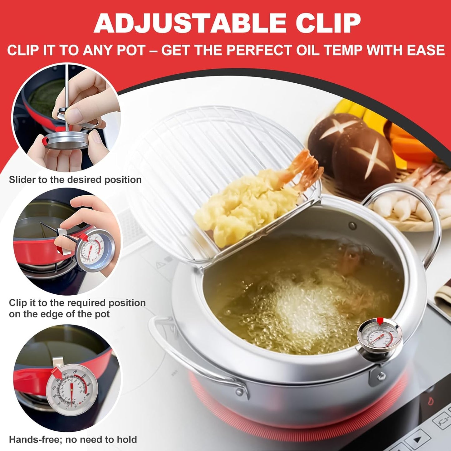 Candy Thermometer Waterproof - Oil Thermometer for Frying with Clips - 9" Side of Pot Thermometer Deep Fry for Oil Candy Candle BBQ - Silver