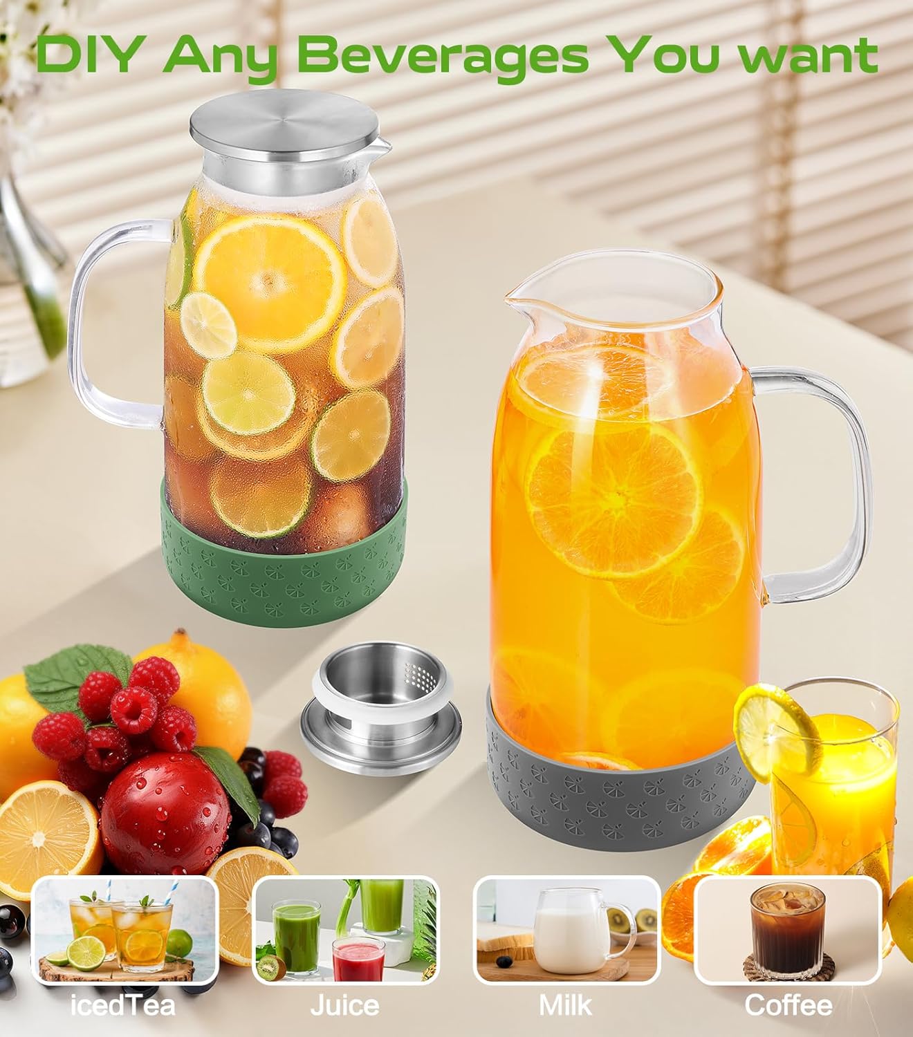 Glass Pitcher with Lid, ZBUFAN 68oz/2 Liter Glass Water Pitcher with Handle and Lid, Anti-Slip Base Juice Jug for Ice Tea, Sun Tea, Sangria, Lemonade Fridge Pitchers for Drinks Green
