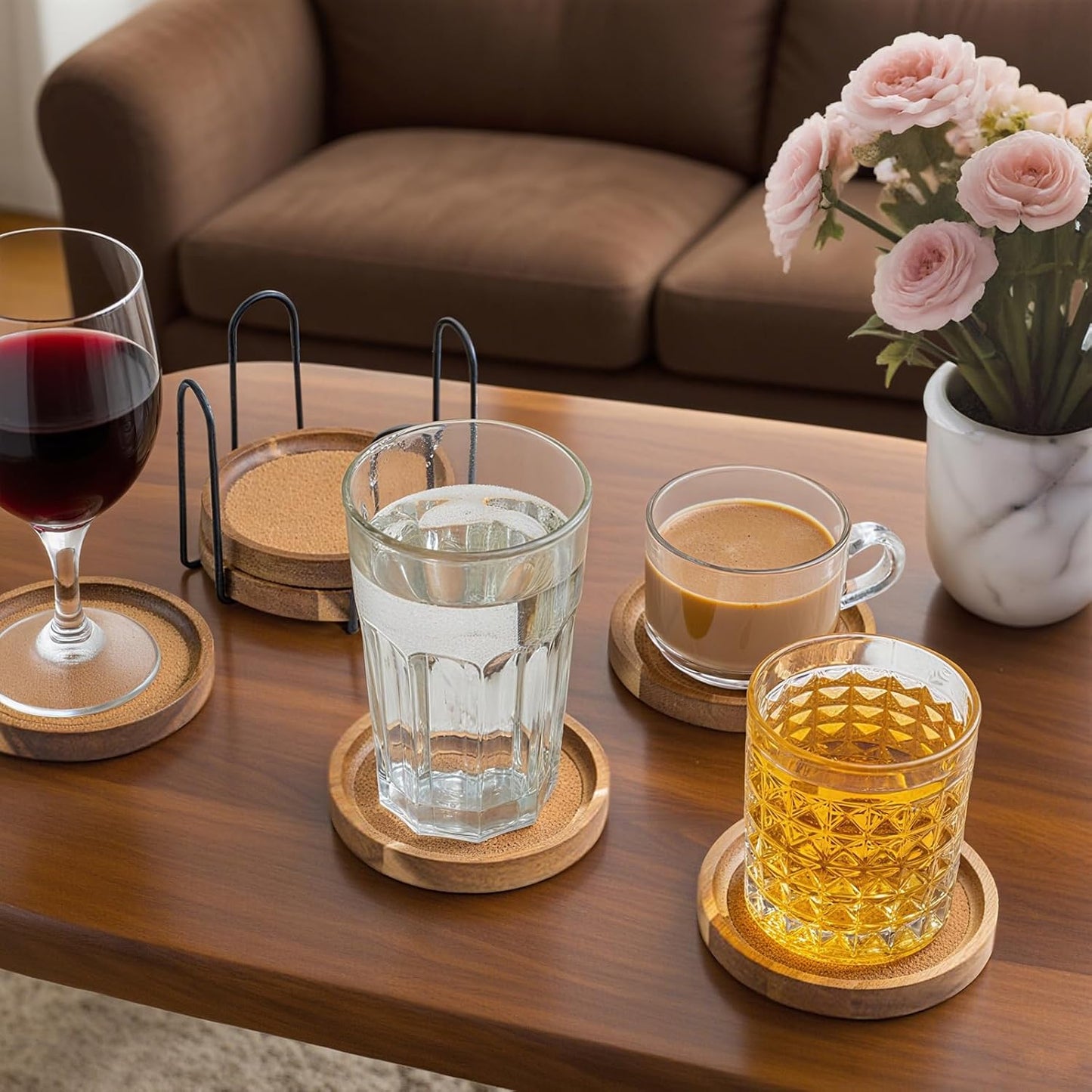 Set of 12 Acacia Wood Cork Coasters with Holder - 4.13 Inch Absorbent Insulated Drink Pads, Stackable for Coffee Table & Office Desk