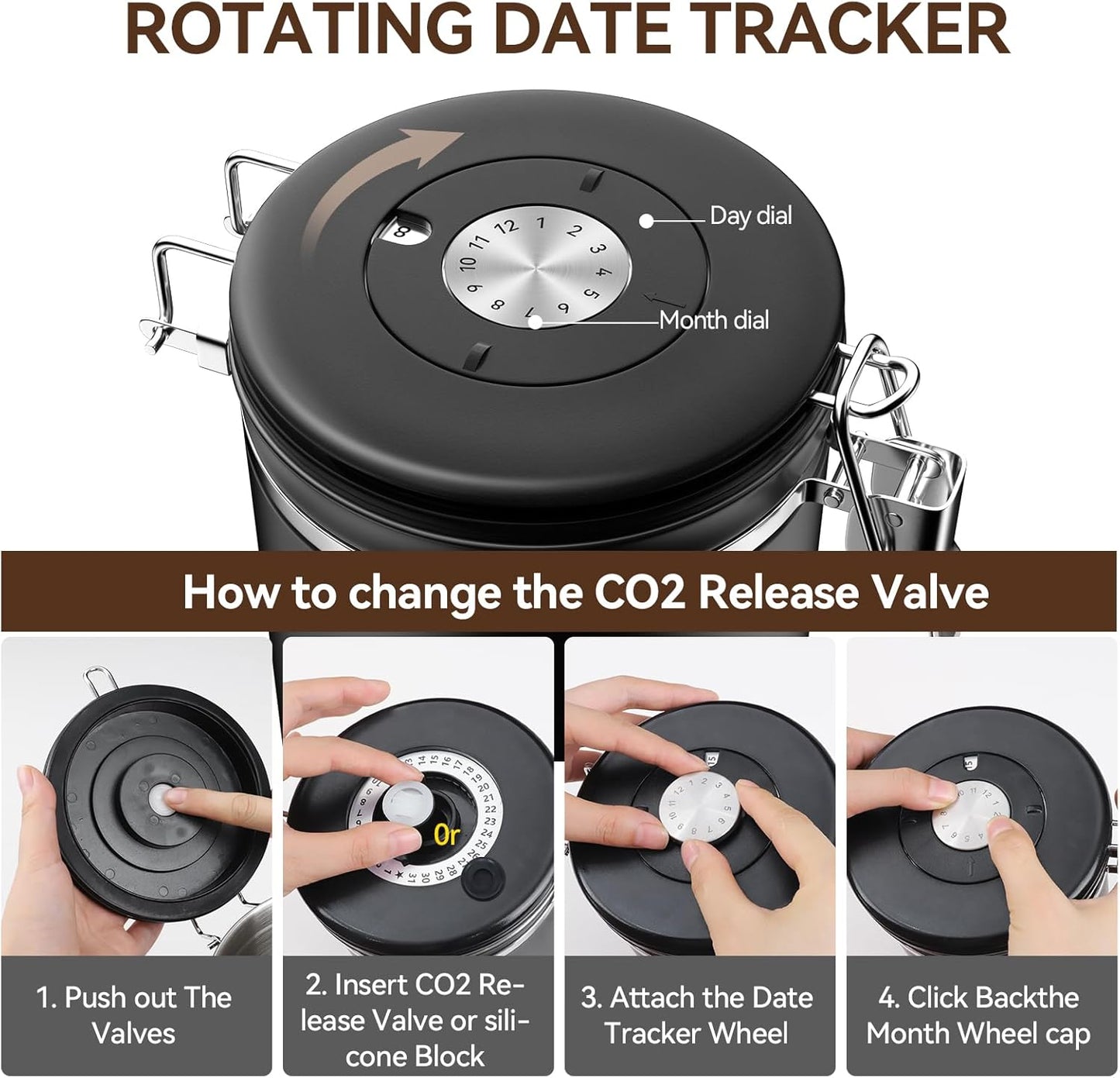 Coffee Canister, Stainless Steel Coffee Bean Storage Container with Date Tracker and Scoop, Kitchen Food Container for Grounds Coffee, Beans, Tea, Flour, Cereal, Sugar, 22OZ (1800ML | Black)