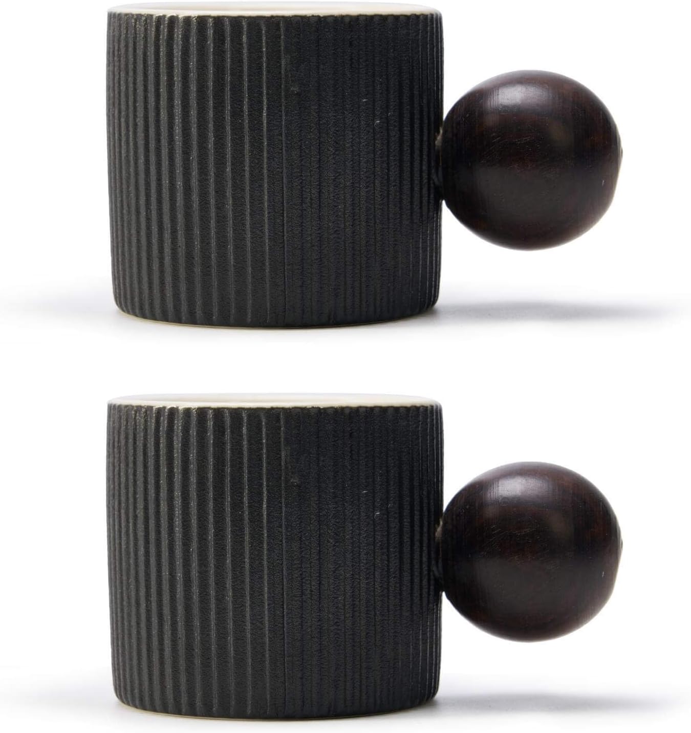 Ceramic Mini Espresso Cups Demitasse Cups with Round Wooden Handle Vertical Stripes Tea Cups (black, 2pcs)