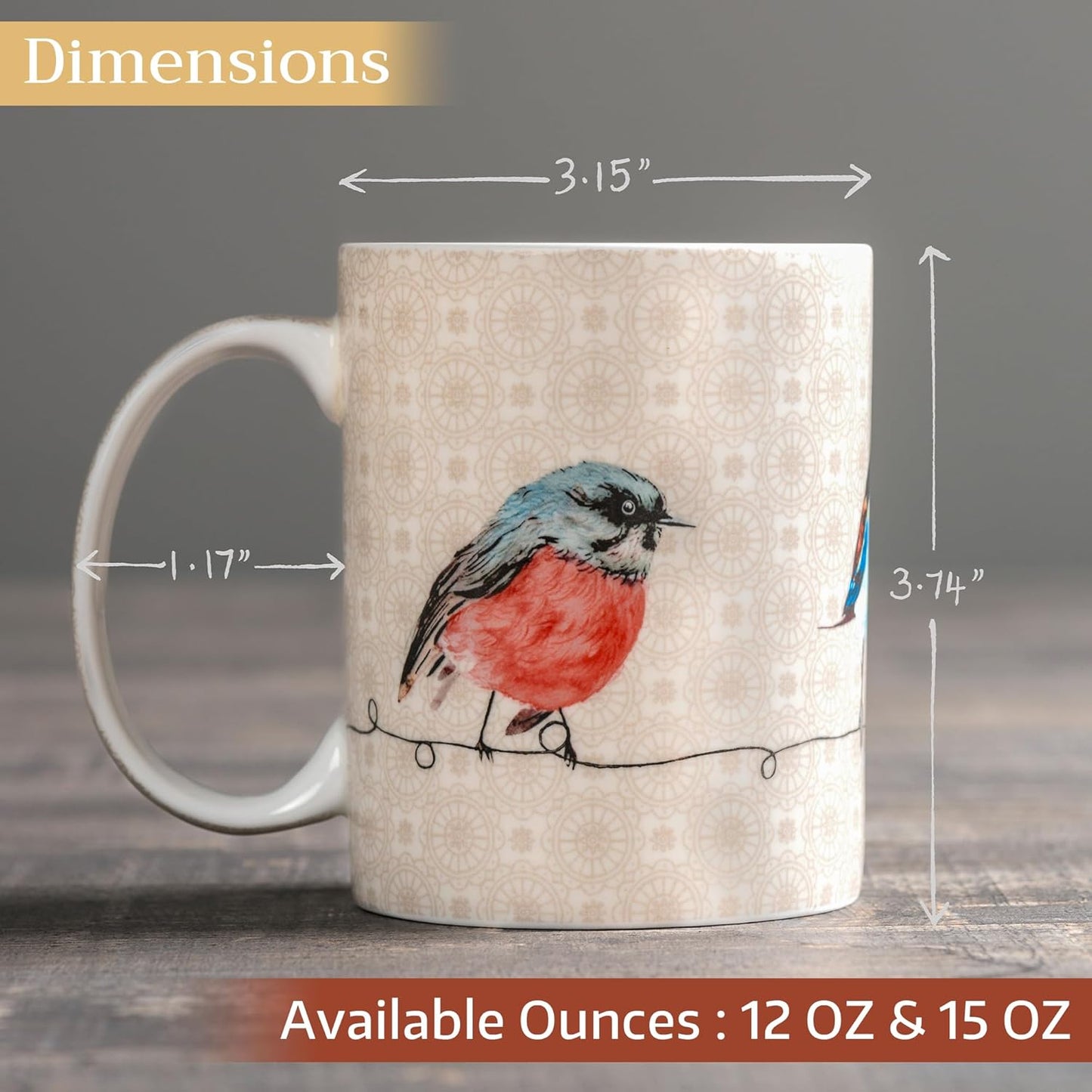 Maison d' Hermine Coffee Mug with Handles Fine Bone China Mugs Pack of Two Tea Cups for Hot Beverages Cappuccino Latte Home Restaurant Office Perfect for Gift (Birdies On Wire, 12 Ounce)