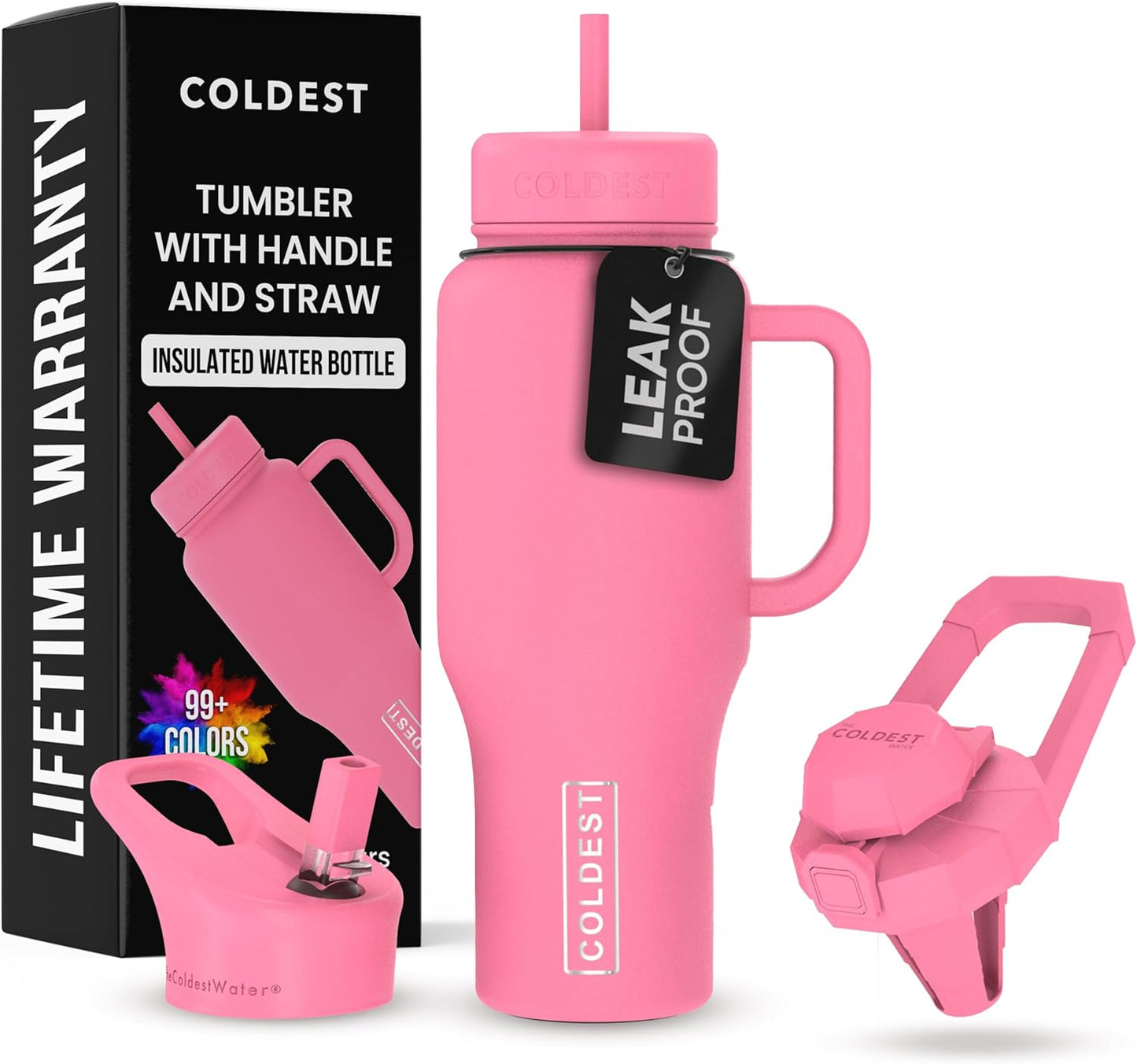 Coldest 40 oz Tumbler with Handle and Straw, 100% Leak Proof Insulated Tumbler with Lid and Straw (3 Lids), Stainless Steel Tumblers for Women & Men, Cup Holder Friendly, 36 oz (Pink Perfection)