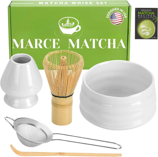 Marce Matcha Whisk Set- Matcha Set includes Matcha Bowl, Sifter, Holder and Scoop- The Perfect Bamboo Whisk for Matcha Tea (White)