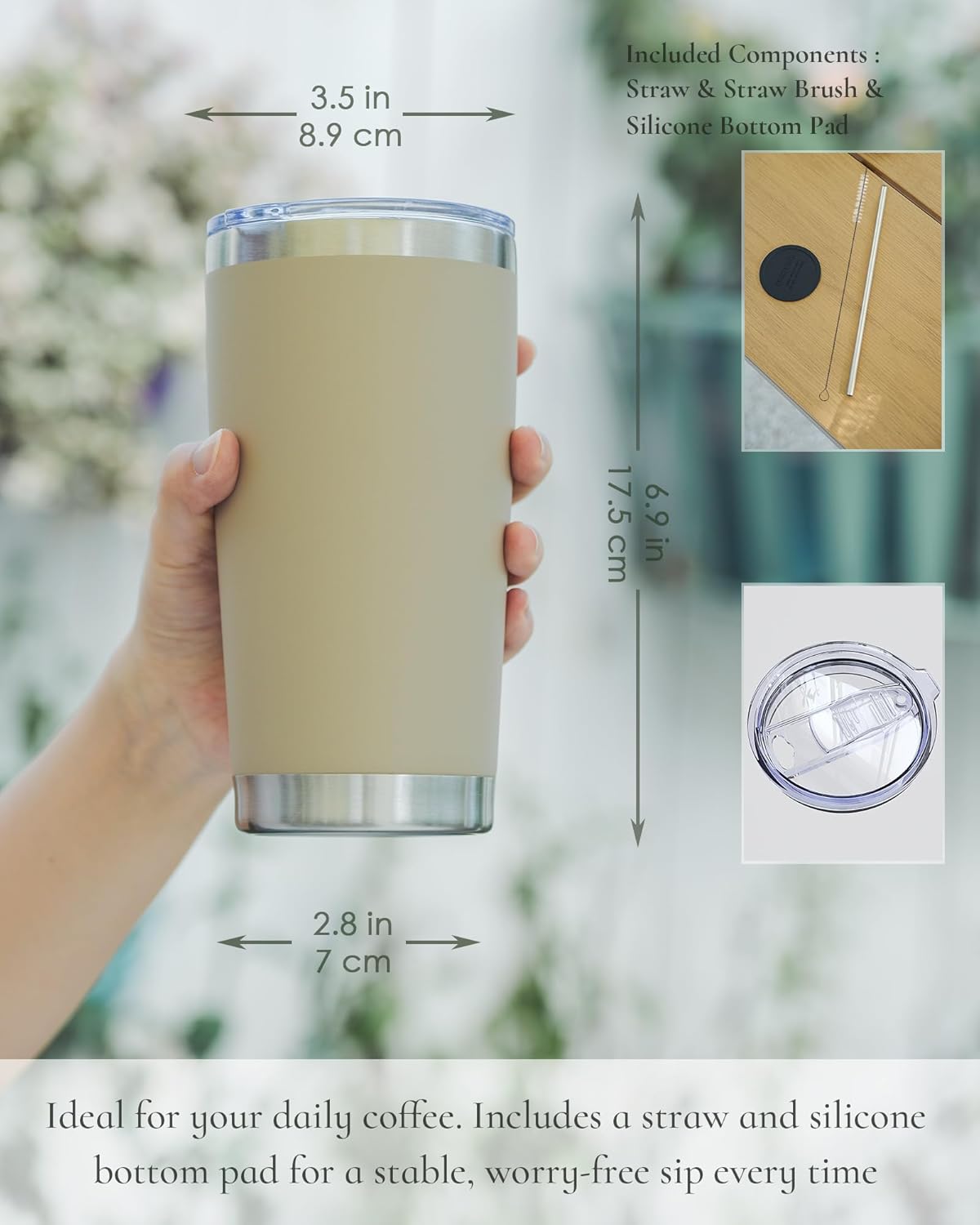 Travel Coffee Tumbler 20oz, 12 Pack Leakproof Travel Coffee Mug with Lid and Straw, Stainless Steel Double Wall Vacuum Insulated Tumbler for Hot/Iced Drinks (Textured Matte, Brown)