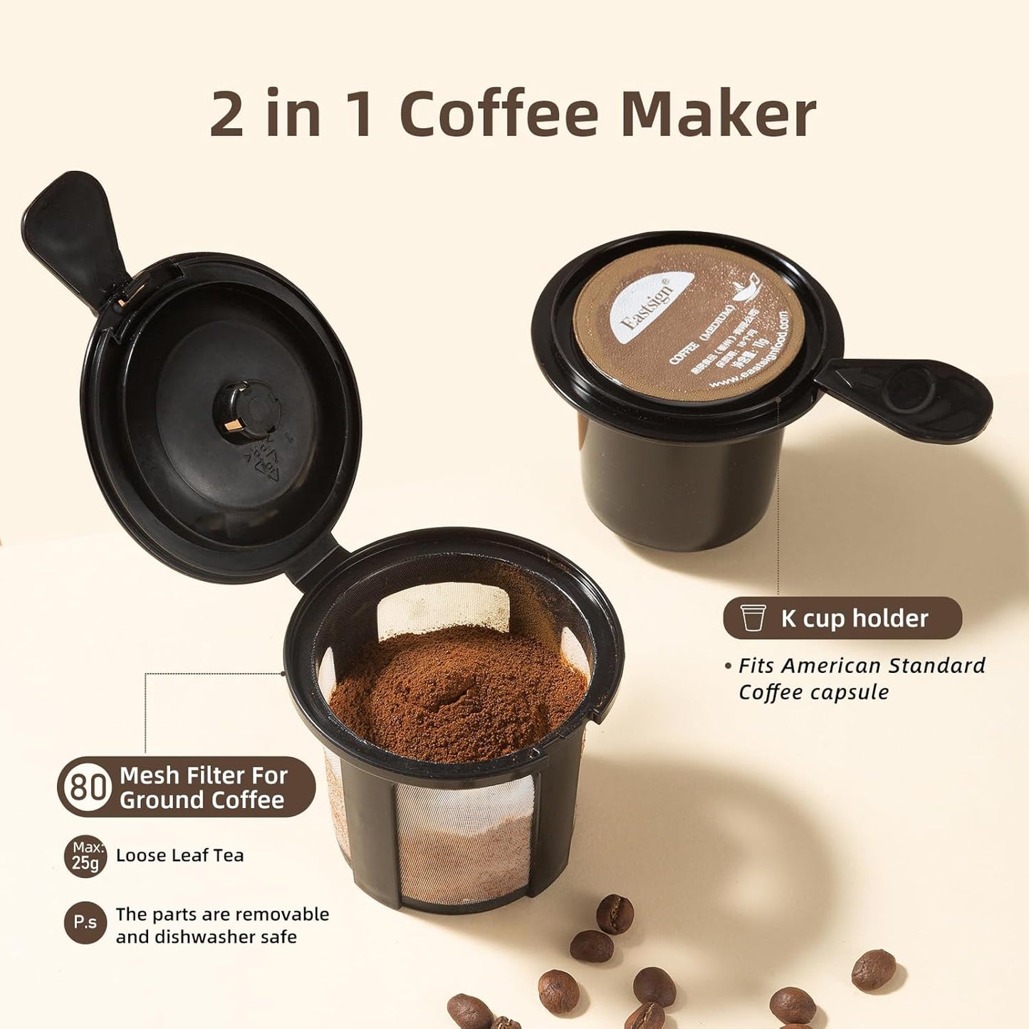 Single Serve K Cup Coffee Maker 2 in 1Machine,6 to 14 0z Brew Sizes,Auto Shut Off& Reusable Filter,Use Coffee Capsule&GroundCoffee&Loose Leaf Tea,Iced Coffee,Black