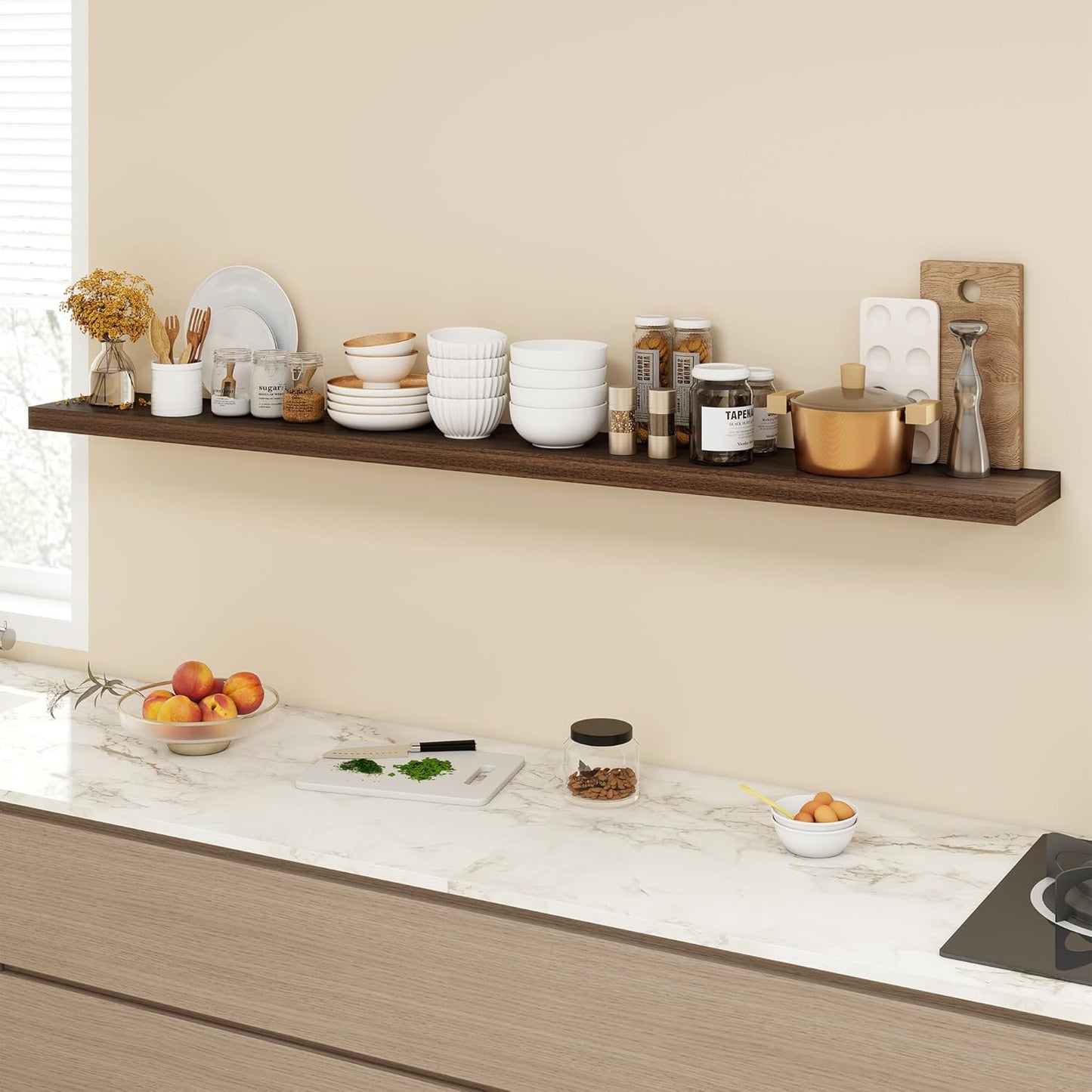 72 Inch Floating Shelves, 9.3" Deep Floating Shelf Wall Mounted, 72" Wall Shelves, Rustic Deep Bookshelf, Large Display Shelves & Storage Shelves for Bedroom, Living Room, Walnut, Set of 1