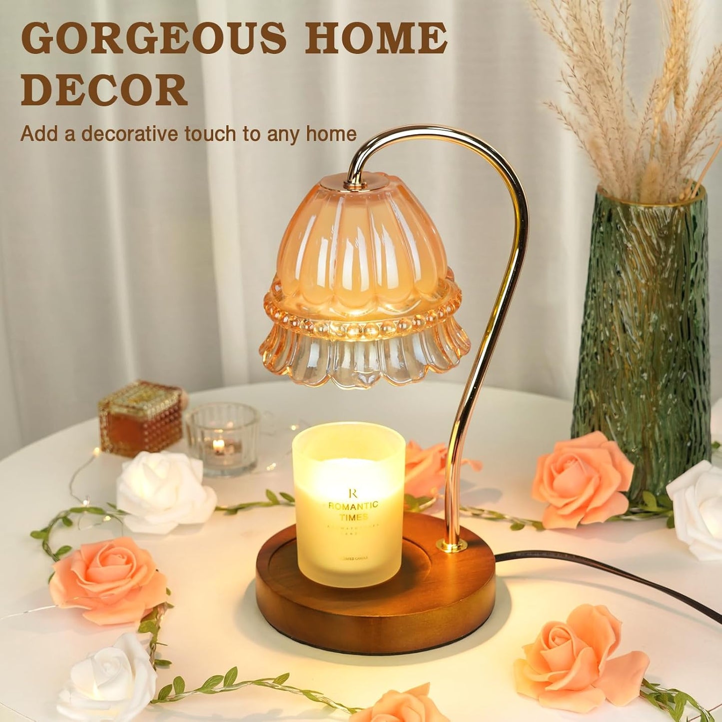 Glass Candle Warmer Lamp with Timer, Flower Candle Lamp, Birthday Gifts for Women, Mom, Female Friend, Candle Lamp Warmer Gifts, Electric Dimmable Candle Warmer, Vintage Home Decor, Amber