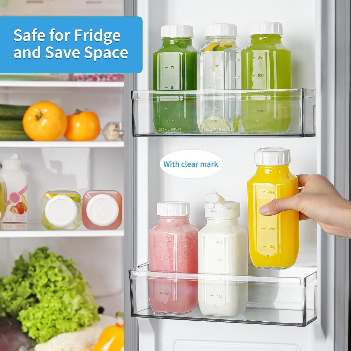 Glass Juice Bottles with Lids, 3 Pack Clear Glass Water Bottles w 2 Pour Spouts, 16 Oz Reusable Milk Jug w 100% Airtight Cap and Scale for Juicing Containers, Breast Milk Storage, Drinking Jar