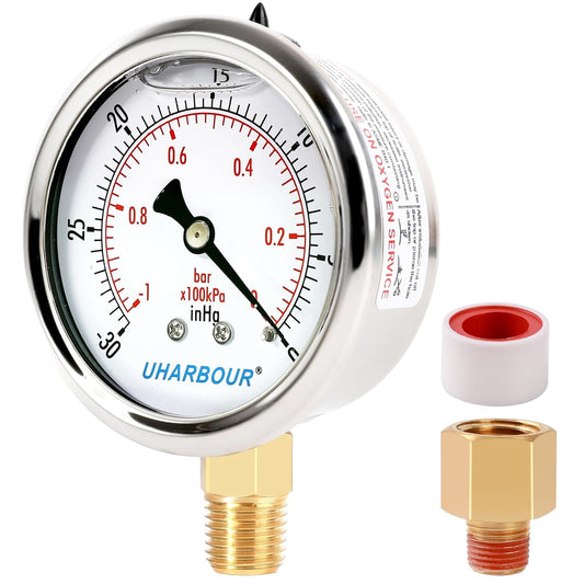 Glycerin Filled Vacuum Pressure Gauge, 2-1/2" Clear dial,1/4" NPT Bottom Connection, Stainless Steel Case, Brass Movement, Dual Scales -30inHg/-1BAR-0