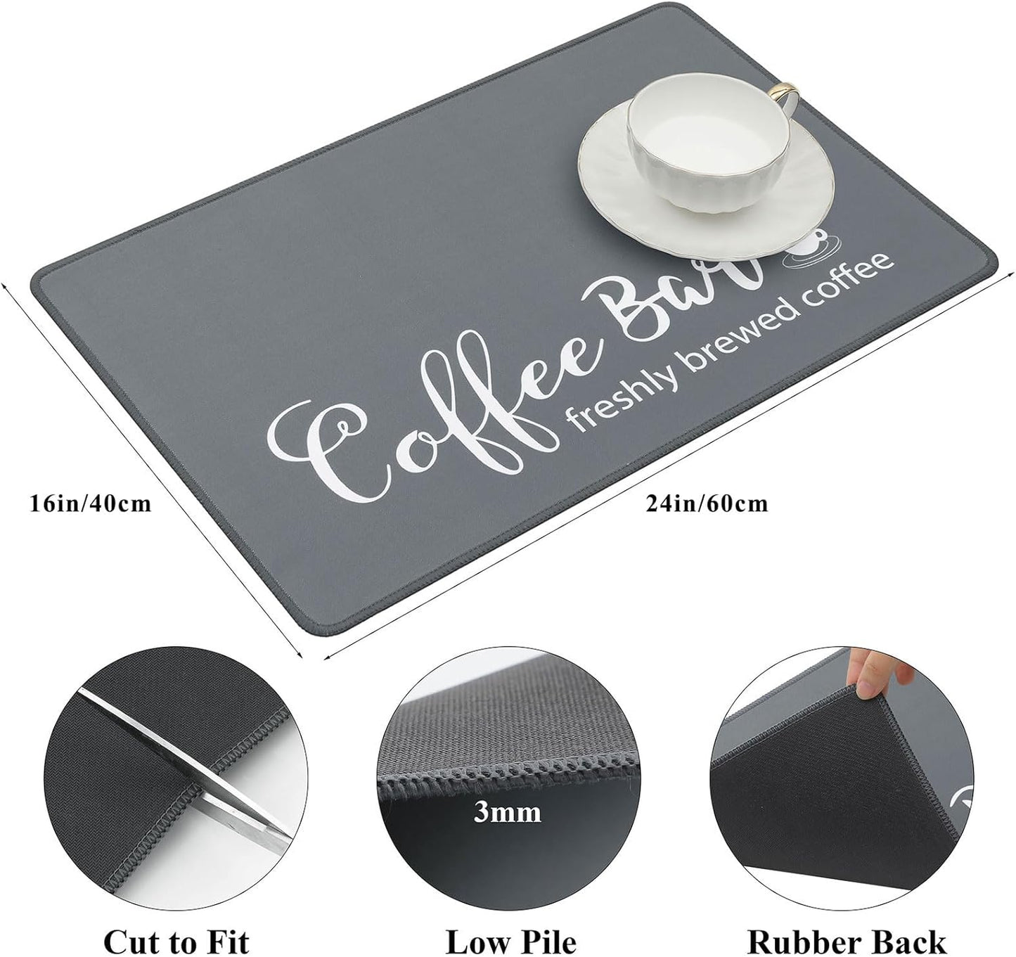 SHACOS Large Coffee Mats 2-Pack 16x24 Inch Absorbent Non Slip Under Coffee Maker Mats for Countertop Bar Accessories Heat Resistant, Gray