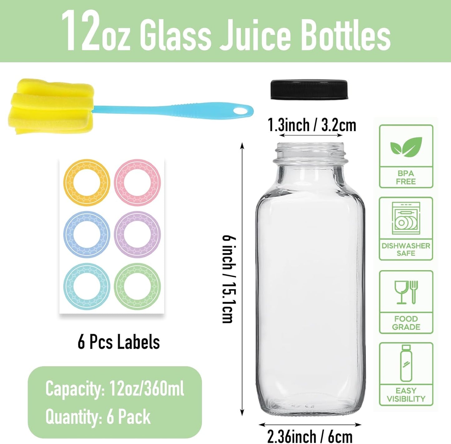 6 Pack 12oz Glass Water Bottles, 350ml Empty Glass Juice Bottles with Black Lids, Brush & Labels, Clear Reusable Drinking Jars for Juicing, Homemade Smoothies, Beverages