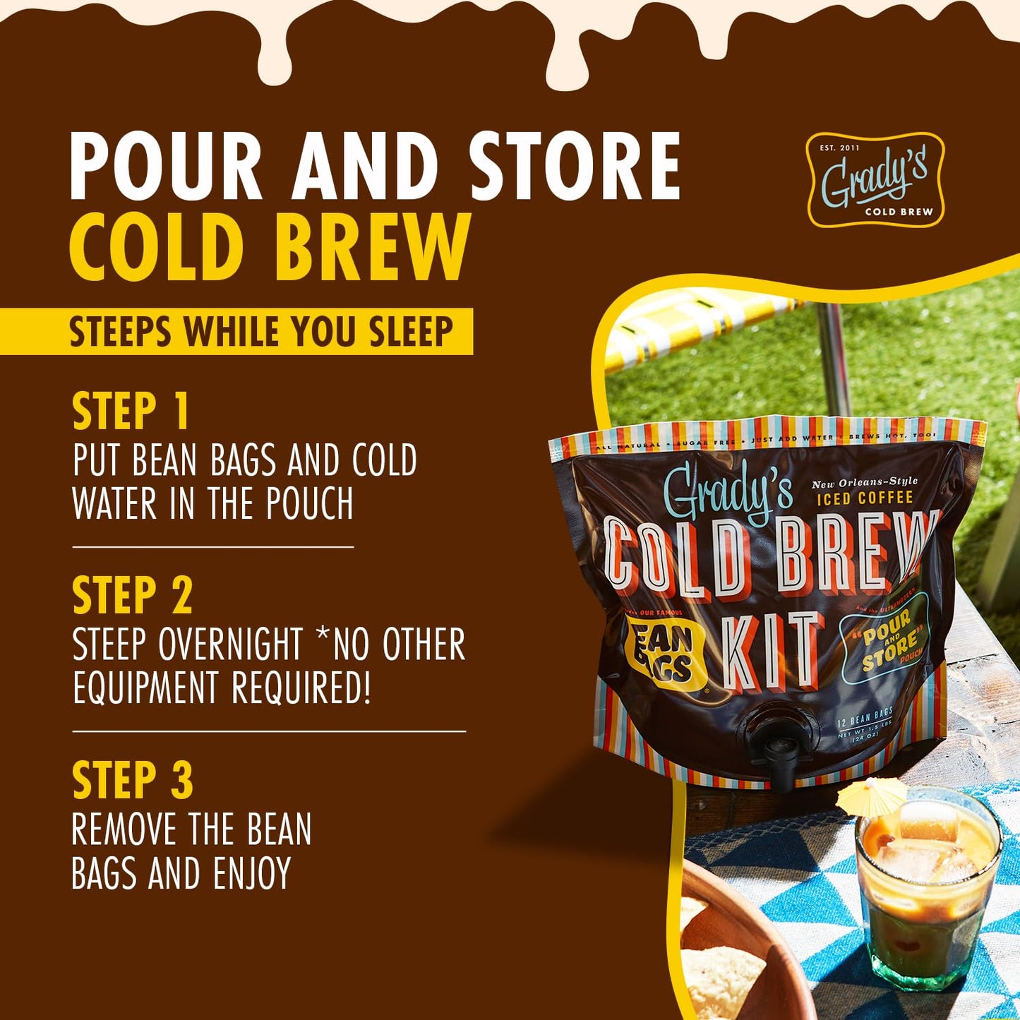 GRADY’S COLD BREW, New Orleans Style, 100% Arabica Ground Coffee & Chicory Pouches, 2 All-in-One Cold Brew Kits, each with 12 Easy-to-Brew Beans Bags, Makes 72 drinks