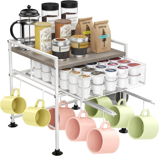 Coffee Bar Organizer Countertop, 2 Tier Mug Cup Holder Stand with 10 Hooks, 60 K Cup Coffee Pod Drawer with Mug Rack, Multifunctional Shelf Organizer for Kitchen, Grey