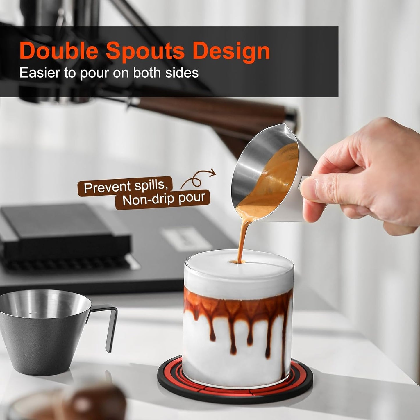 MHW-3BOMBER Espresso Measuring Cups, Double Spouts Stainless Steel Espresso Pour Cup, Espresso Shot Cups with Handle Scale, Metal Measuring Cups with V-Shaped Mouth, 3.4OZ/100ML Black G5148B-OS