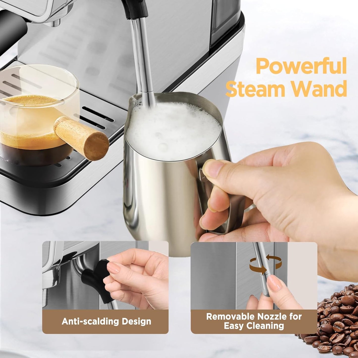 Espresso Machine,20 Bar Semi-Automatic Espresso Maker with Milk Frother,Compact Stainless Steel Coffee Machine with 40oz Removable Water Tank for Cappuccino,Latte, Americano,Sliver for Home
