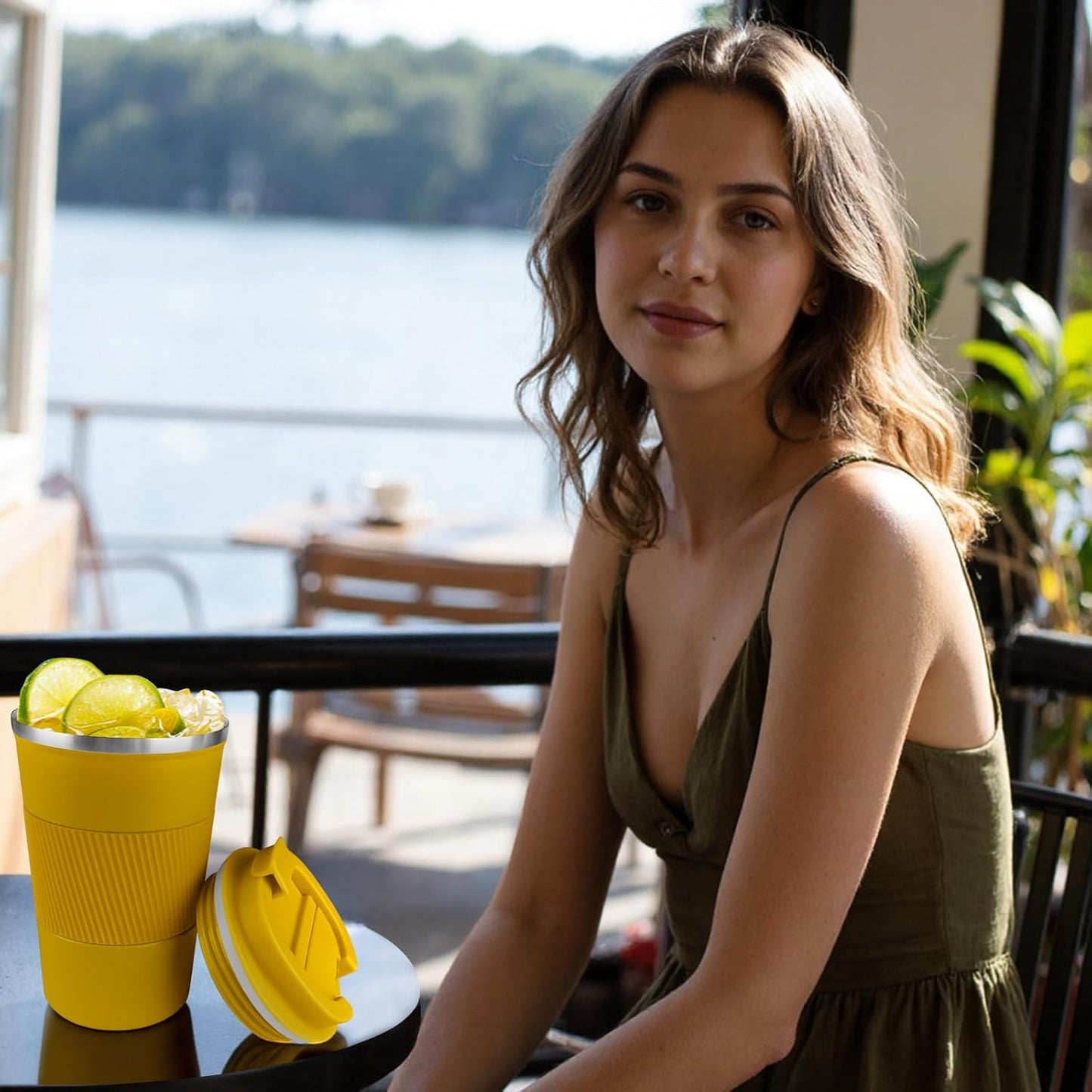 YINBAOGE Insulated Travel Coffee Mug, Spill & Leak Proof, Portable To Go Camping Stainless Steel Coffee Tumbler, Reusable Thermal Coffee Cup with Lid for Hot & Cold Drinks (Yellow, 12 OZ)