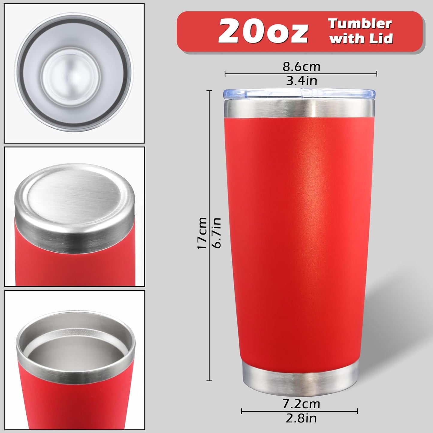20oz Tumbler Bulk Stainless Steel Tumblers with Lid Vacuum Insulated Double Wall Travel Coffee Mug Powder Coated Tumbler Cup for Hot and Cold Drinks(Red, 12 pack)