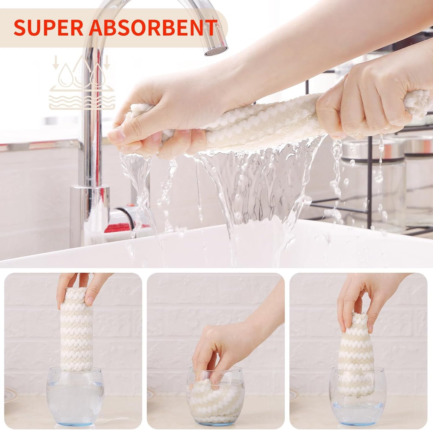 Homaxy Kitchen Towels(12 Pack, 10 x 20 inches), Ultra Soft and Absorbent Dish Towels, Reusable Fast Drying Microfiber Cleaning Cloth, Coral Velvet Wave Design No-lint, Beige