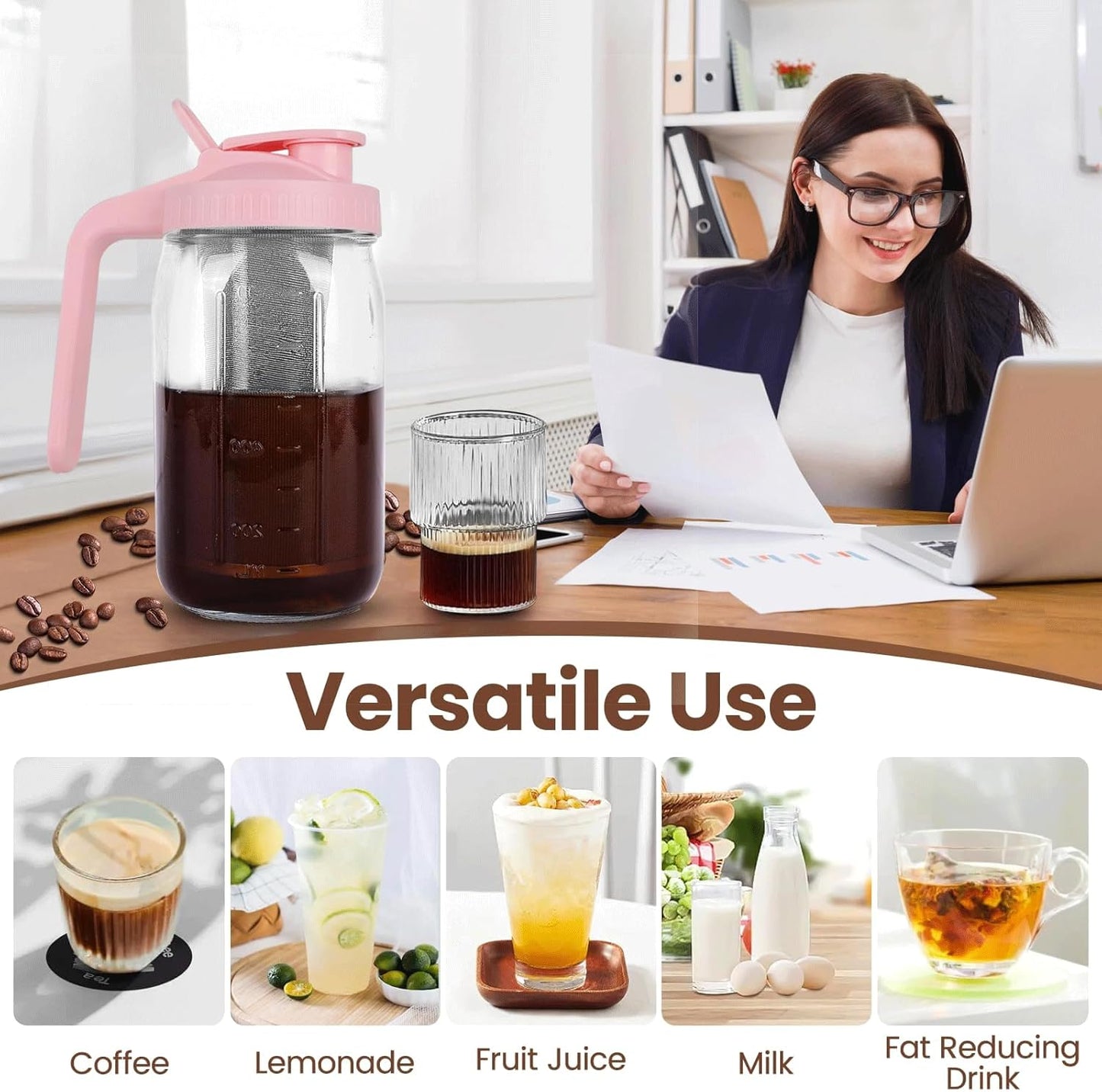 Cold Brew Coffee Maker,32 oz Mason Jar Pitcher with Stainless Steel Filter, Pour Spout Handle Lid, Heavy Duty Glass Airtight & Leak-Proof Pitcher for iced coffee Tea Lemonade-Pink