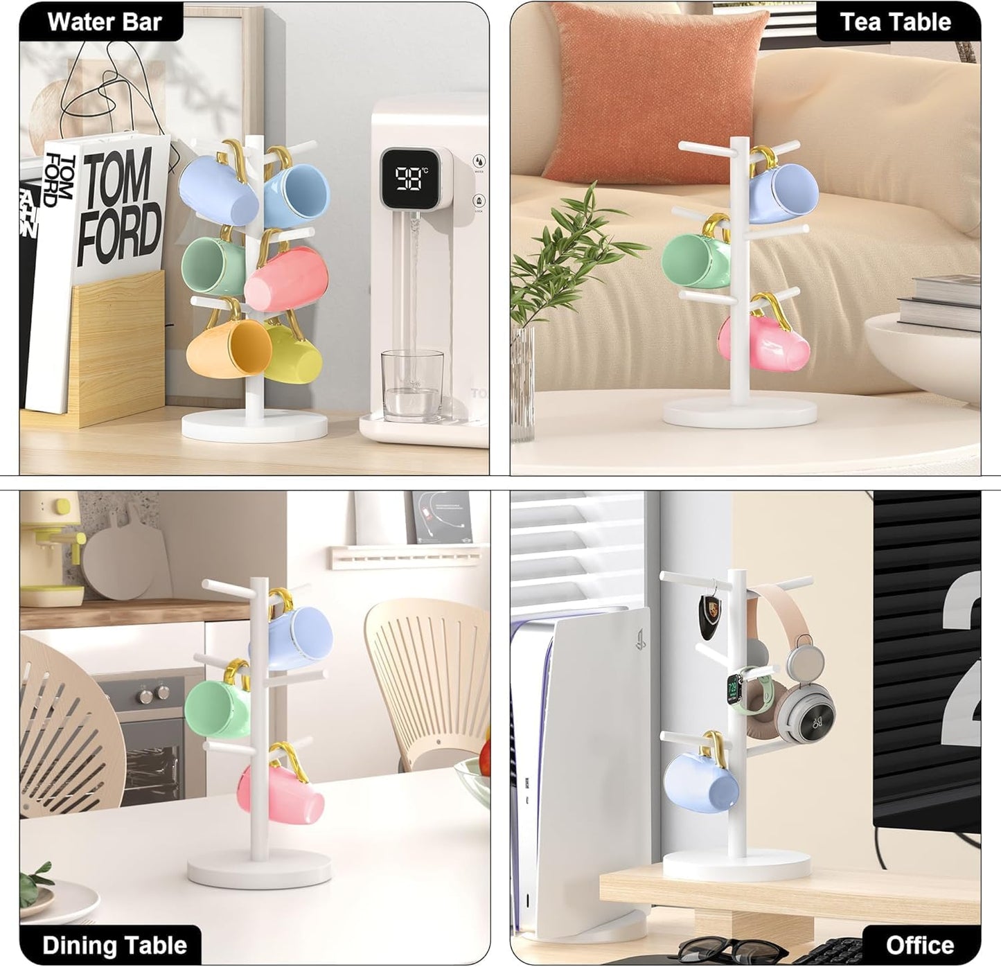 Wisuce Black Coffee Mug Tree Bamboo Mug Holder Coffee Cup Stand Mug Holders for Countertop Coffee Mug Rack Organizer Stand (White)