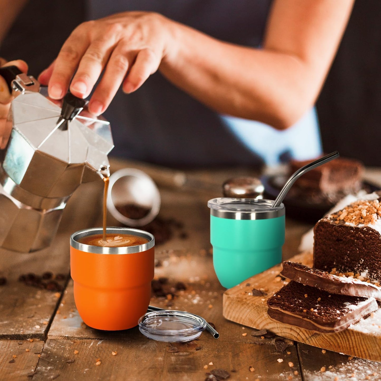 4oz Stackable Cup, Vacuum Insulated Espresso Cup Set of 2, Espresso Shot Glass for Coffee, Double Wall Stainless Steel Mini Tumbler Shot Glasses with Straw and Lid (A-blue2P, 4oz)