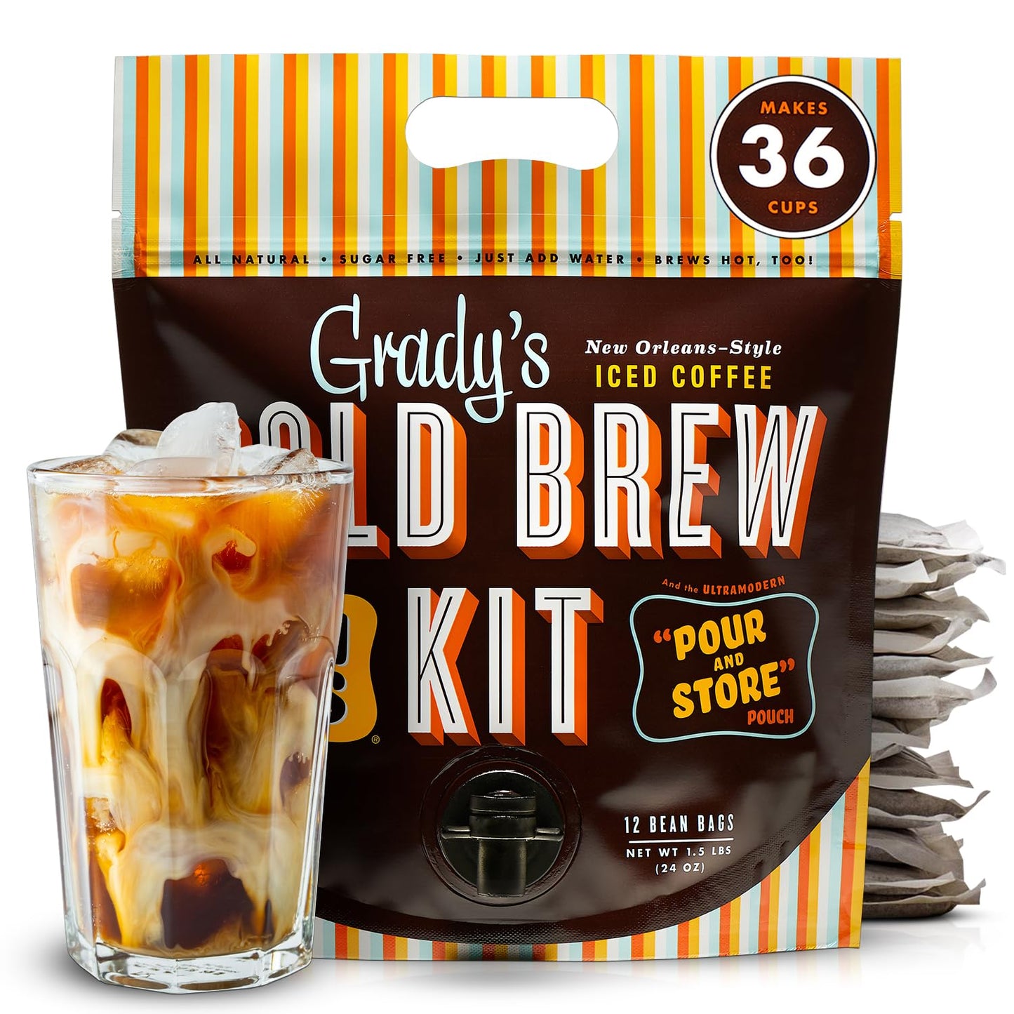GRADY'S COLD BREW, French Vanilla, 100% Arabica Ground Coffee & Chicory Pouches, All-in-One Cold Brew Kit with 12 Easy-to-Brew Bags, Makes 36 Drinks