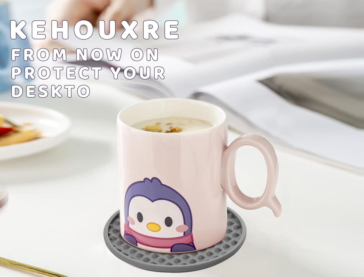 Coasters for Drinks 6 Pcs Drink Coaster with Holder,Heat Resistant Silicone Cup Mat Tabletop Protection,Non-Slip Rubber Coasters for Kinds of Cups (Grey)