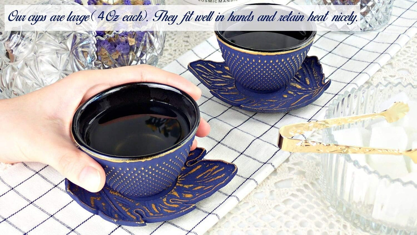 7PC Japanese Tea Set."Midnight Blue Koi" Cast Iron Tea Pot with 2 Tea Cups, 2 Saucers, Tea Infuser and Teapot Trivet. Ceremonial Matcha Accessories