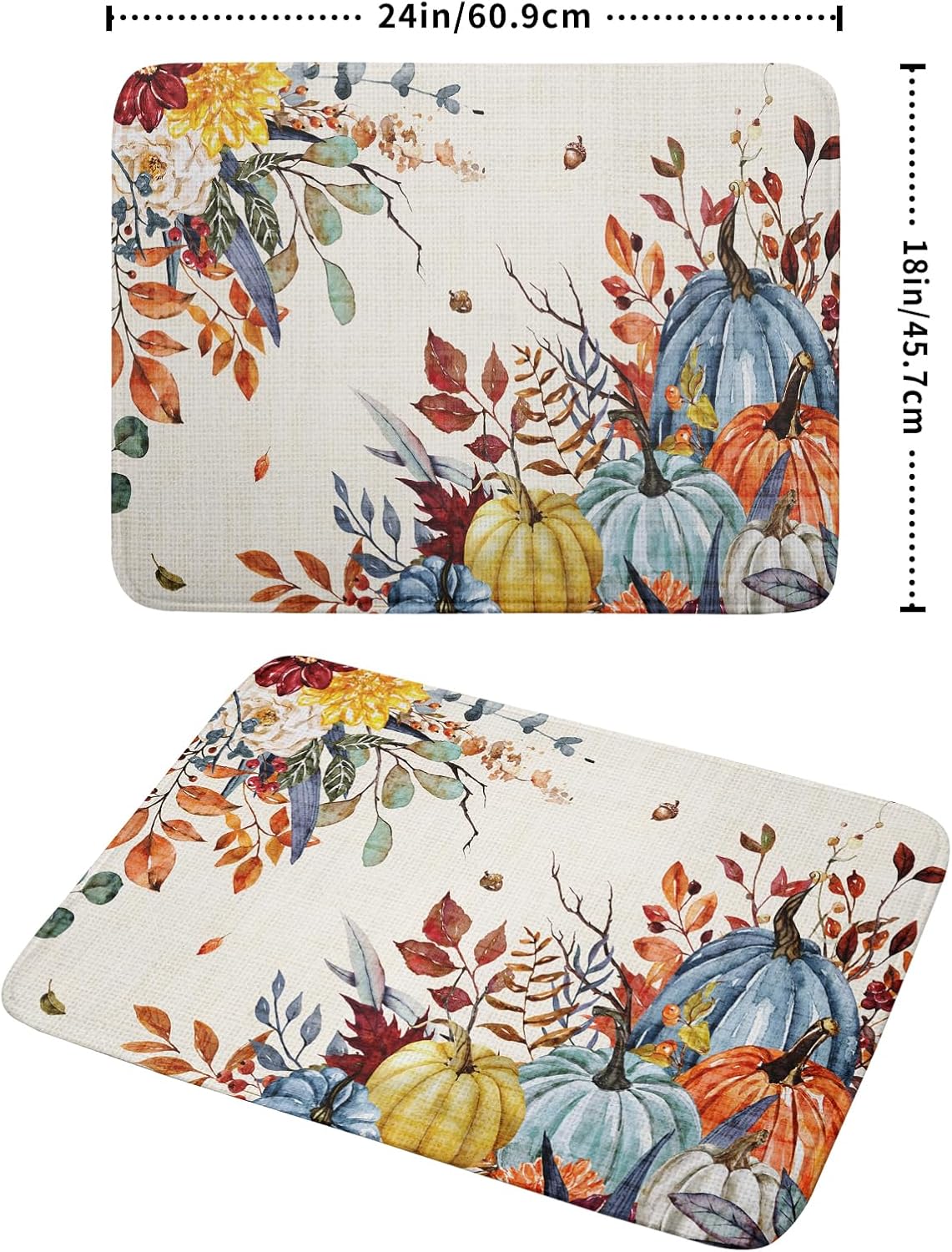 Giwawa Fall Dish Drying Mat for Kitchen Countertop, Watercolor Autumn Teal Blue Orange Pumpkins Floral Dish Drainer Mats, Thanksgiving Harvest Absorbent Dish Drying Pad Decor, 18x24 inch Large