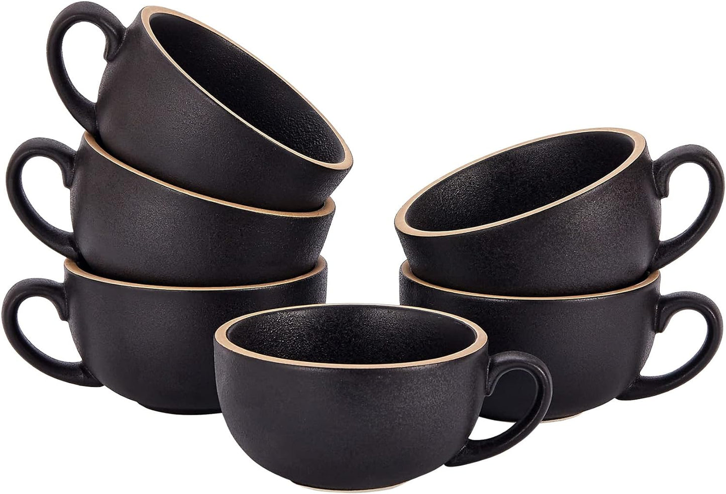 Set of 6 Cups Vintage Design 12 oz Professional Barista Ceramic Latte Art Cappuccino Cups Set (Rough Black * 6)