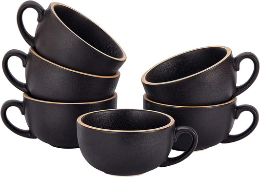 Set of 6 Cups Vintage Design 12 oz Professional Barista Ceramic Latte Art Cappuccino Cups Set (Rough Black * 6)