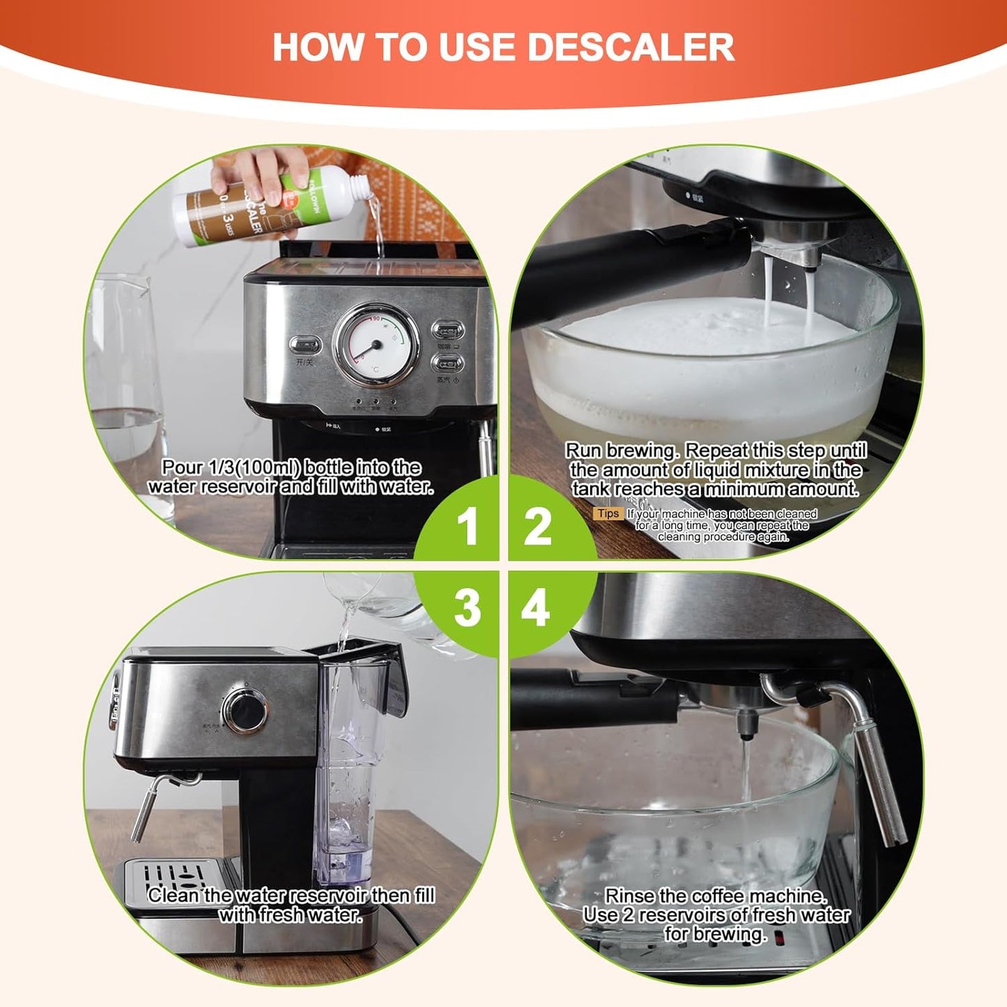 FOLLOWIN Coffee Machine Cleaner and Descaler,Espresso Coffee Maker Cleaner(2 Pack & 6 Uses),Descaling Solution for Espresso Machines and Single Use Coffee Maker