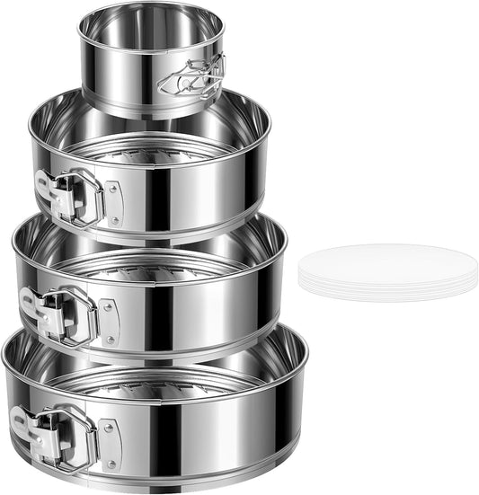 4" 7" 9" 10" Springform Pans Set of 4, Stainless Steel Cheesecake Pan with Removable Bottom, Leakproof & Nonstick Springform Cake Mold for Baking with 50 Pcs Paper Liners