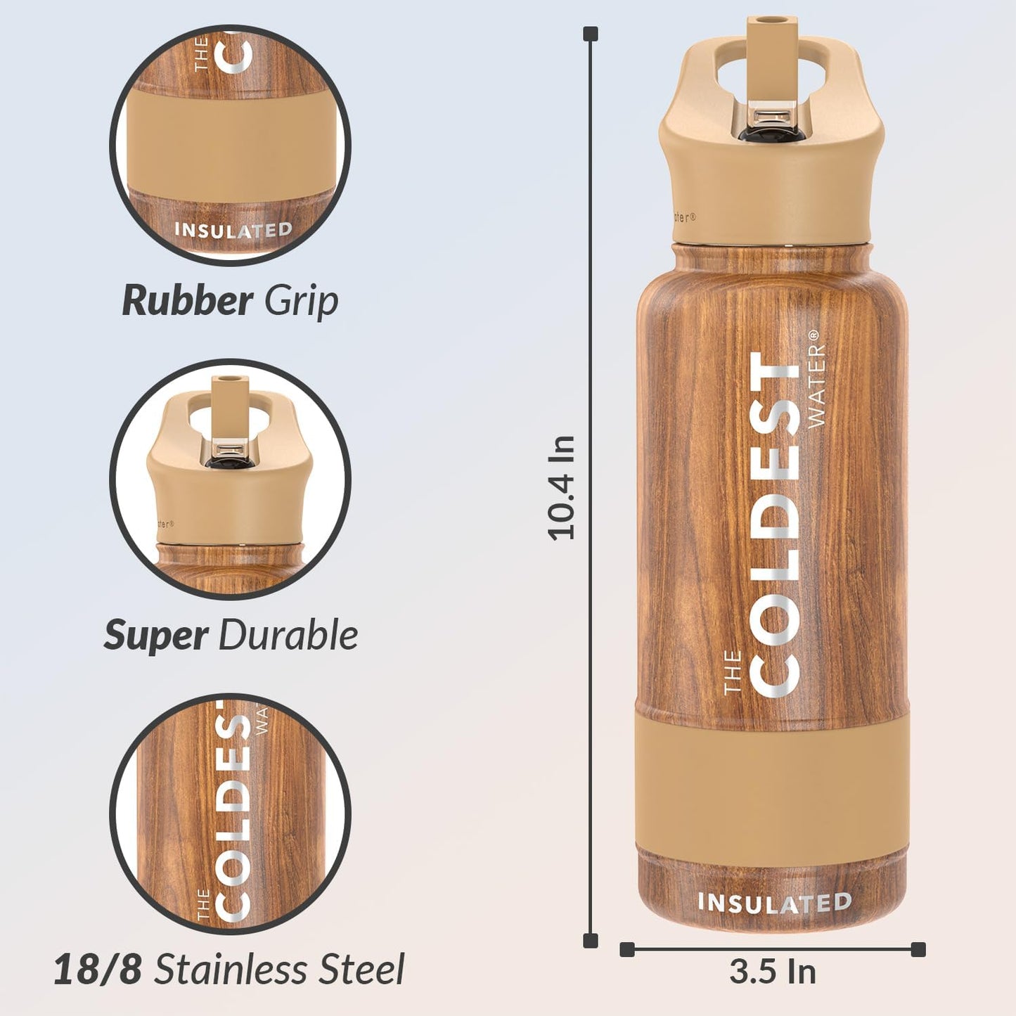 Coldest Insulated Water Bottle with Straw Lid - Stainless Steel Metal Insulated Bottle for Men & Women (Executive Wood, 32 oz)