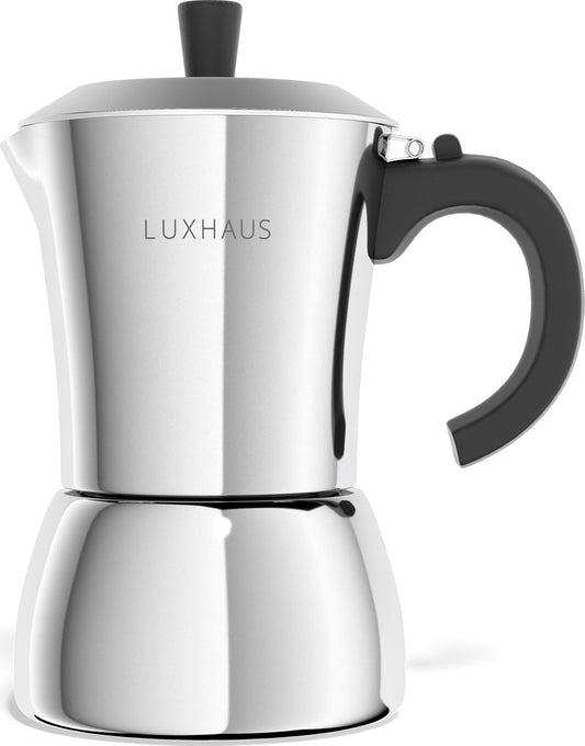 LuxHaus Moka Pot - 6 Cup Stovetop Espresso Coffee Maker - 100% Stainless Steel Italian and Cuban Mocha Coffee Maker