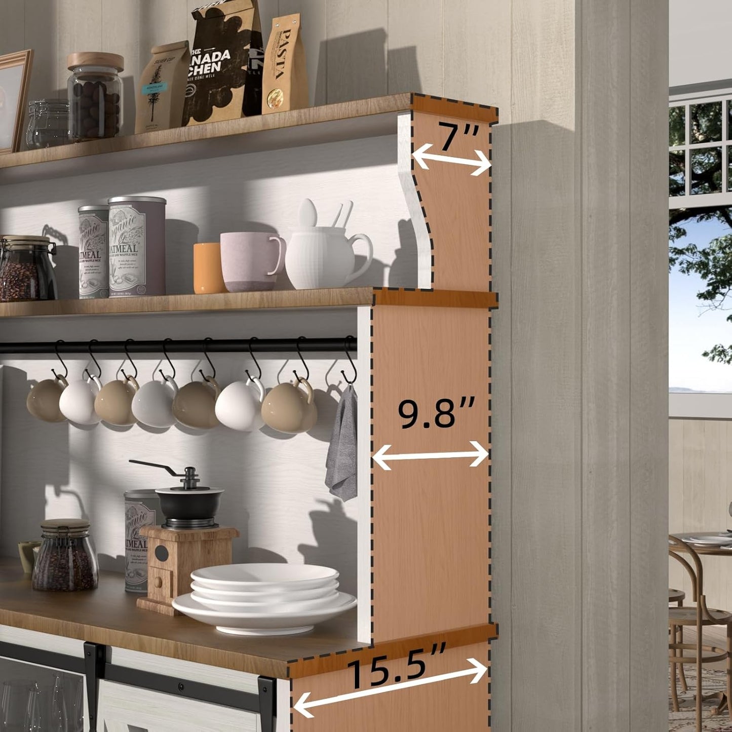 Farmhouse Coffee Bar Cabinet with 3 Tier Storage Hutch, 47'' Coffee Bar Station with Sliding Barn Door, Hutch Storage Cabinet with 9 Wine Racks & 9 Hooks for Kitchen Dining Living Room