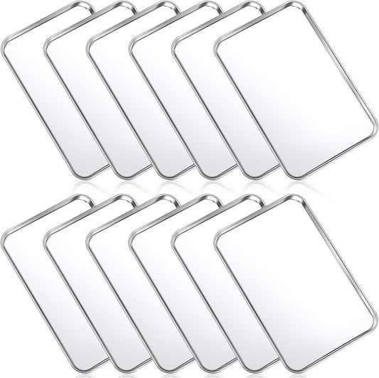 Mimorou 12 Pcs Baking Sheet Stainless Steel Cookie Sheet Small Metal Pans Professional Rectangle Oven Trays Kitchen Baking Cooking Oven and Toaster, Dishwasher Safe(8 x 5.9 Inches)