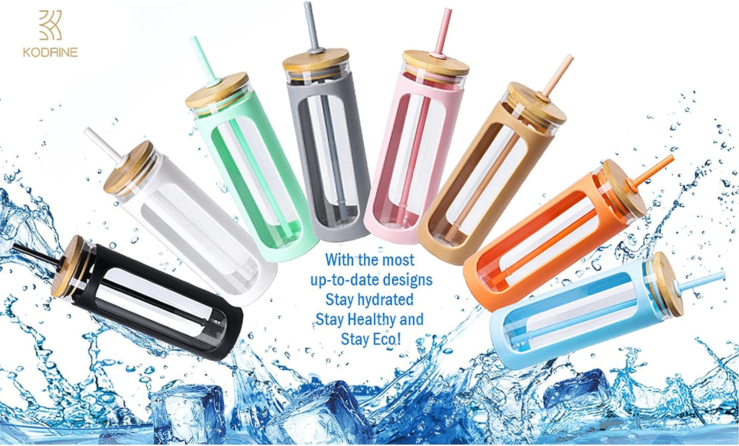 Kodrine 20oz Glass Tumbler with Straw and Lid, Bamboo Lids Water Bottle, Reusable Iced Coffee Cups, Wide Mouth Smoothie Cup with Protective Silicone Sleeve BPA FREE-Purple-2pack