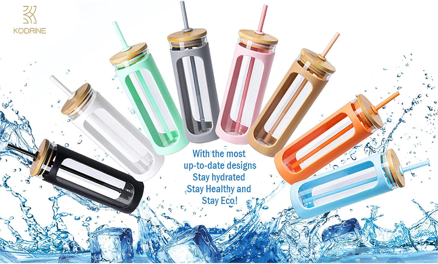 Kodrine 20oz Glass Tumbler with Straw and Lid, Bamboo Lids Water Bottle, Reusable Iced Coffee Cups, Wide Mouth Smoothie Cup with Protective Silicone Sleeve BPA FREE-White+Black-2pack