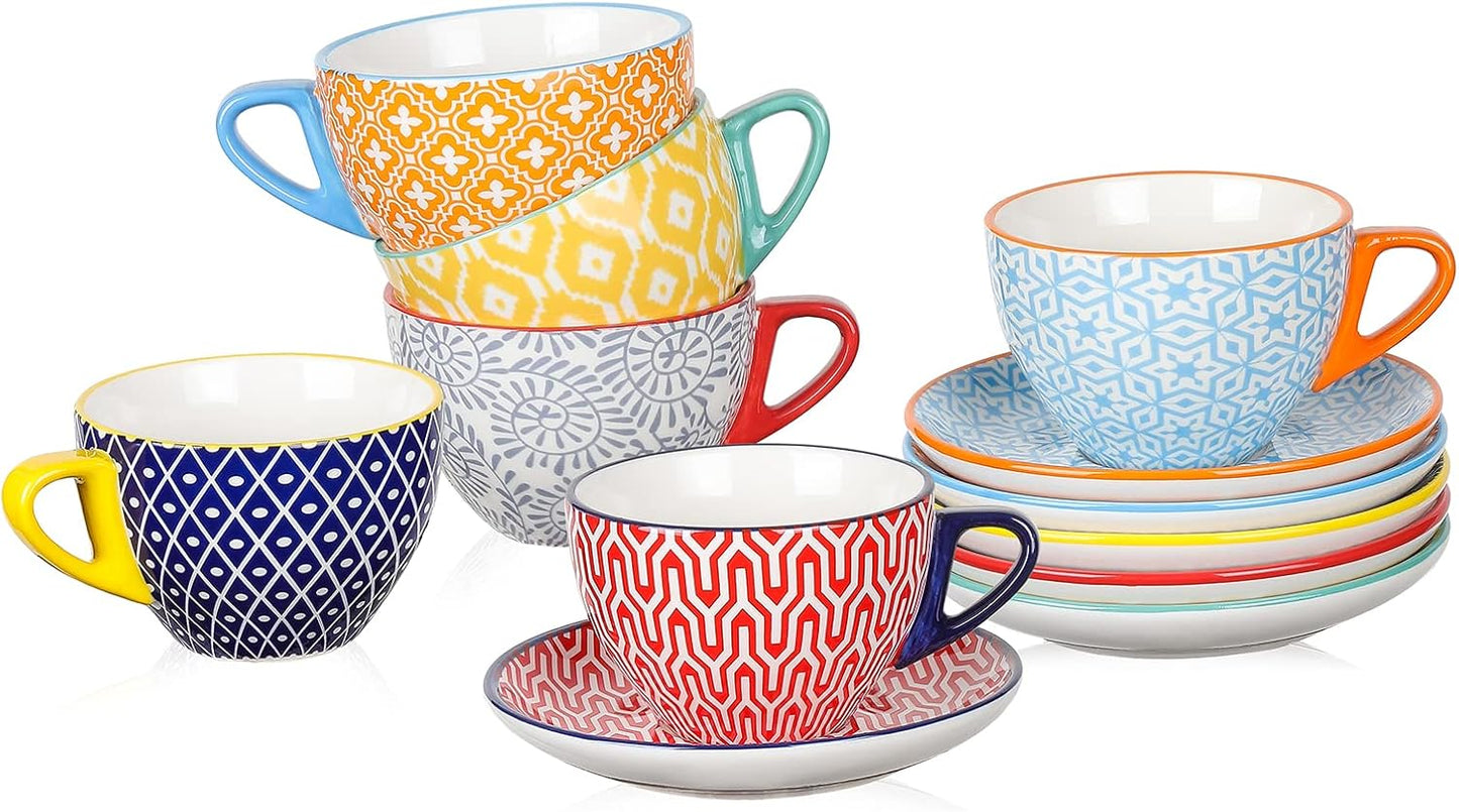Selamica Ceramic 8 oz Cappuccino Cup Set with Saucers, Espresso Coffee Cups, Latte Macchiato for Party Cafe Home, Set of 6, Assorted Colors