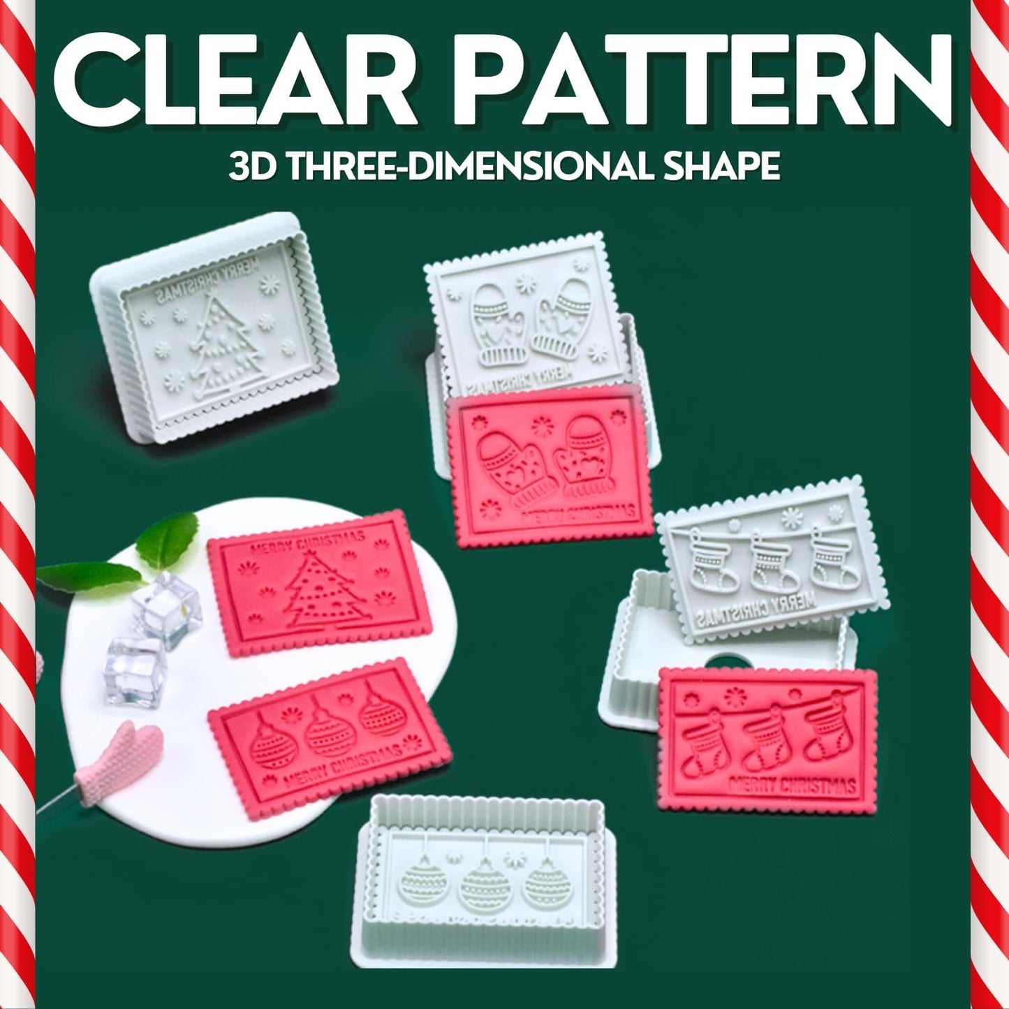Christmas Cookie Cutters, 4-Piece 3D MERRY CHRISTMAS Plastic Cookie Stamp Set, Comes with Merry Christmas in English, Perfect for Christmas cookie baking and parties