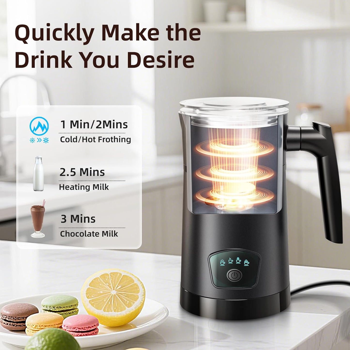 Milk Frother, 4 in 1 Electric Milk Steamer, Hot and Cold Foam Maker, 11.8 oz/350 mL Milk Warmer, Frother for Coffee Latte, Cappuccino, Hot Chocolate, 1 min Fast Frothing, Auto Shut-Off