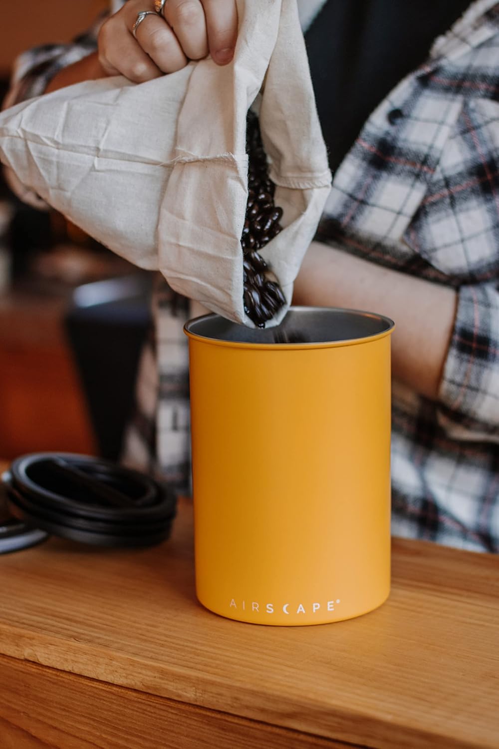 Planetary Design Airscape Stainless Steel Coffee Canister | Food Storage Container | US Patented Airtight Lid | Push Out Excess Air Preserve Food Freshness (Medium, Matte Yellow)