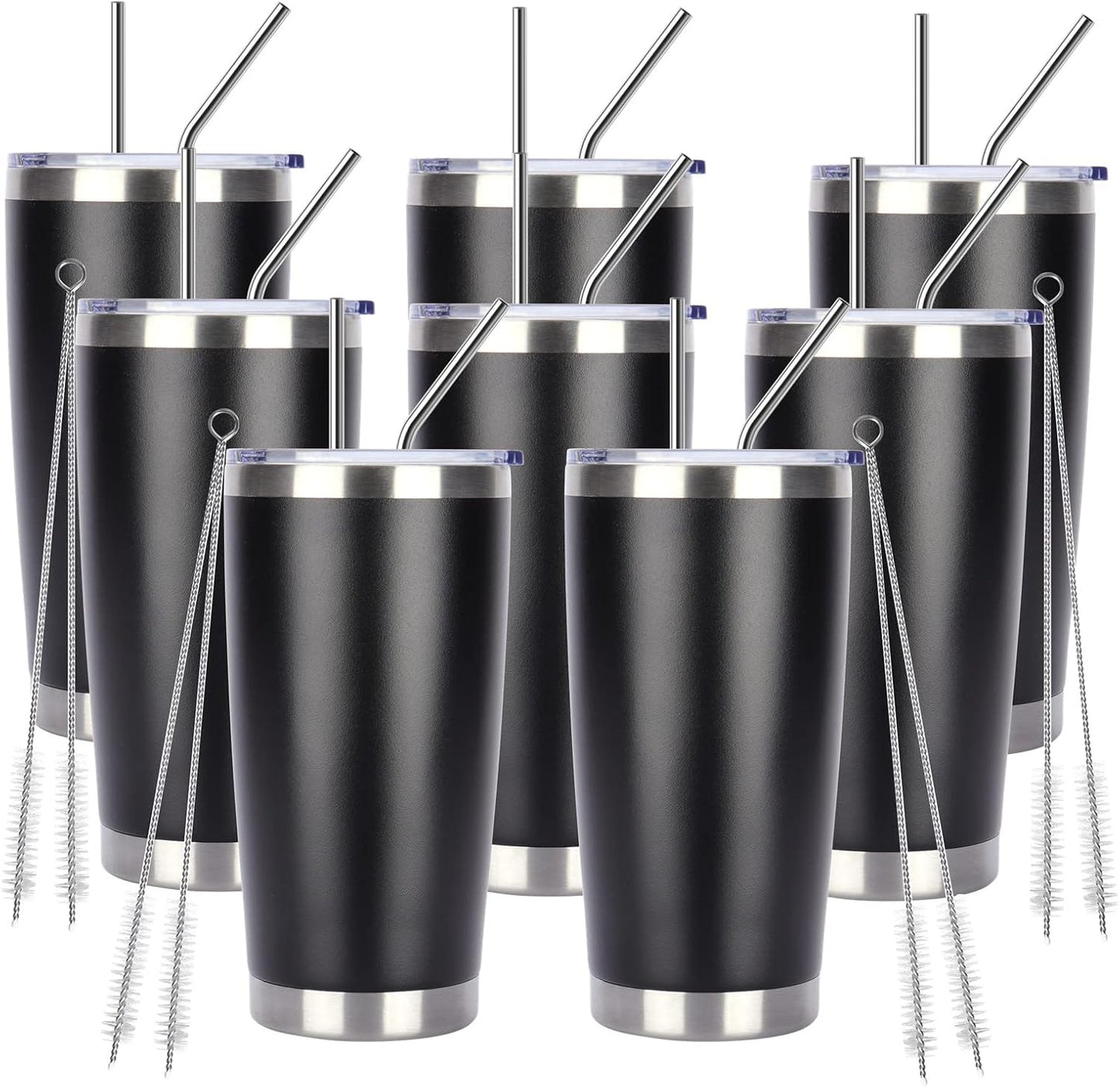 Pandance 20oz Stainless Steel Insulated Tumblers with Lid and Straw Bulk, Double Wall Vacuum Water Cups for Hot & Iced Coffee Drinks Travel Mug (Black, 8 pack)