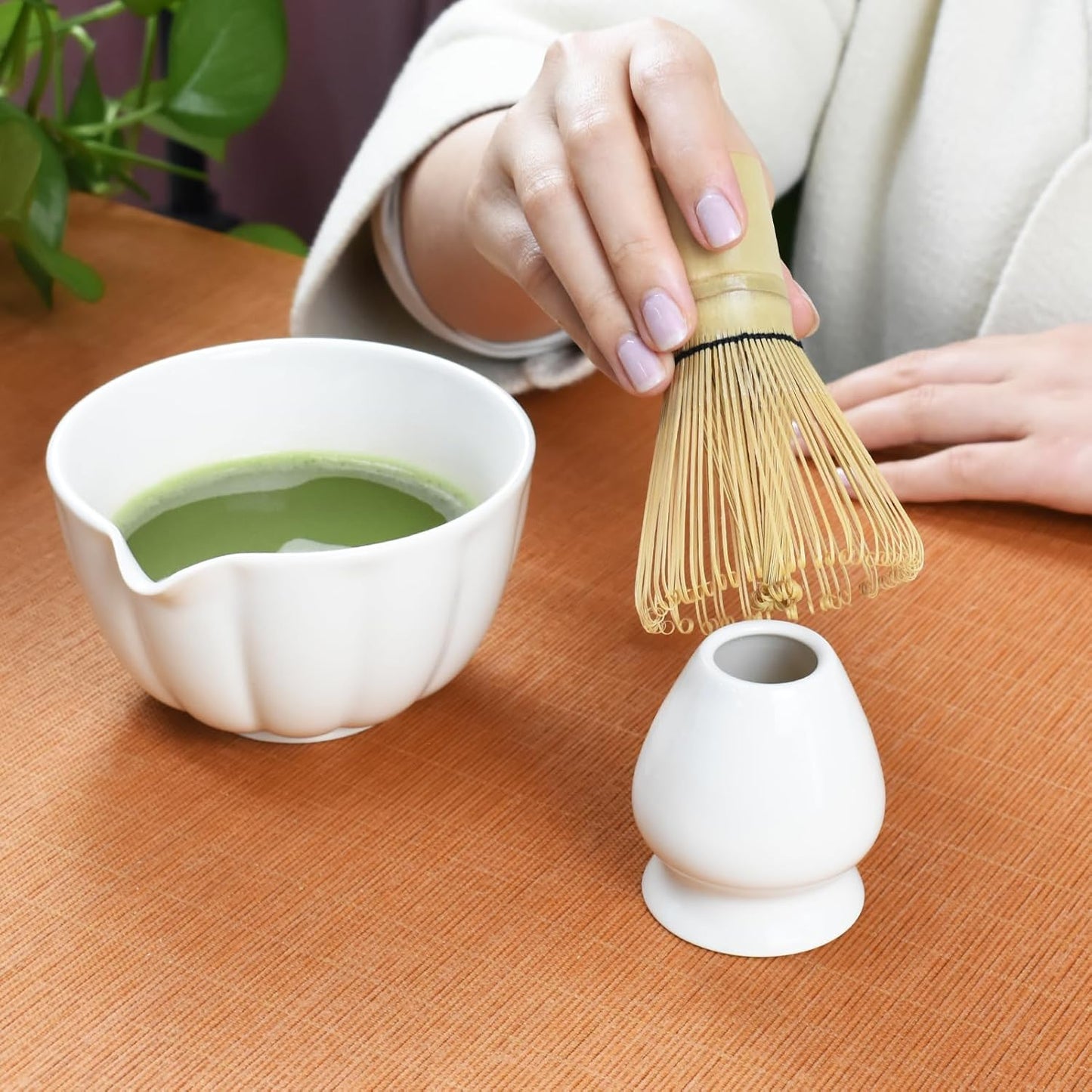 Artcome 4 Pcs Japanese Matcha Tea Set - Matcha Bowl with Pouring Spout, Matcha Whisk, Tea Scoop, Whisk Holder, Handmade Matcha Ceremony Kit For Japanese Tea Ceremony, Ivory