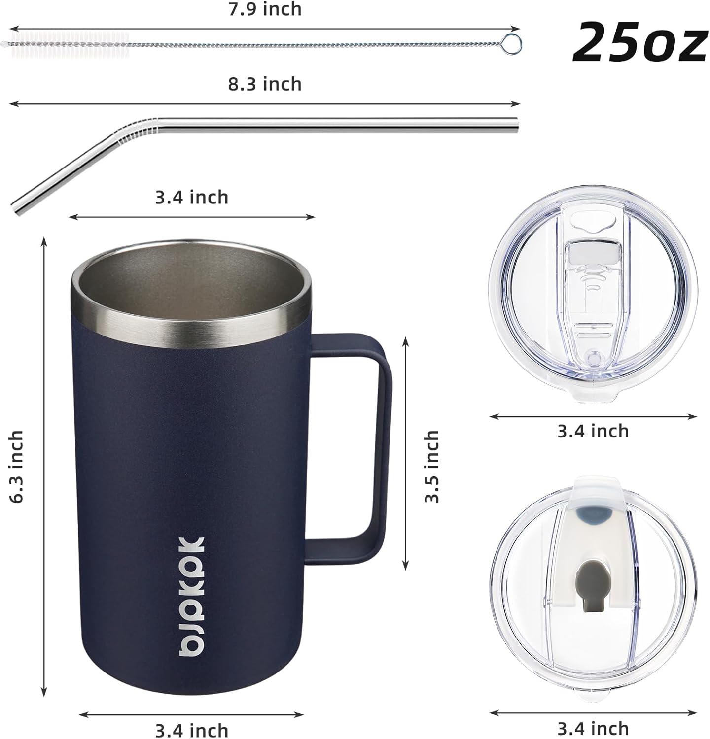 BJPKPK Insulated Coffee Mug with 2 Lids, 25oz Stainless Steel Insulated Tumbler with Handle, Double Wall Vacuum Coffee Cups, BPA Free Travel Mug for Coffee, Tea and Drinks, Navy Blue