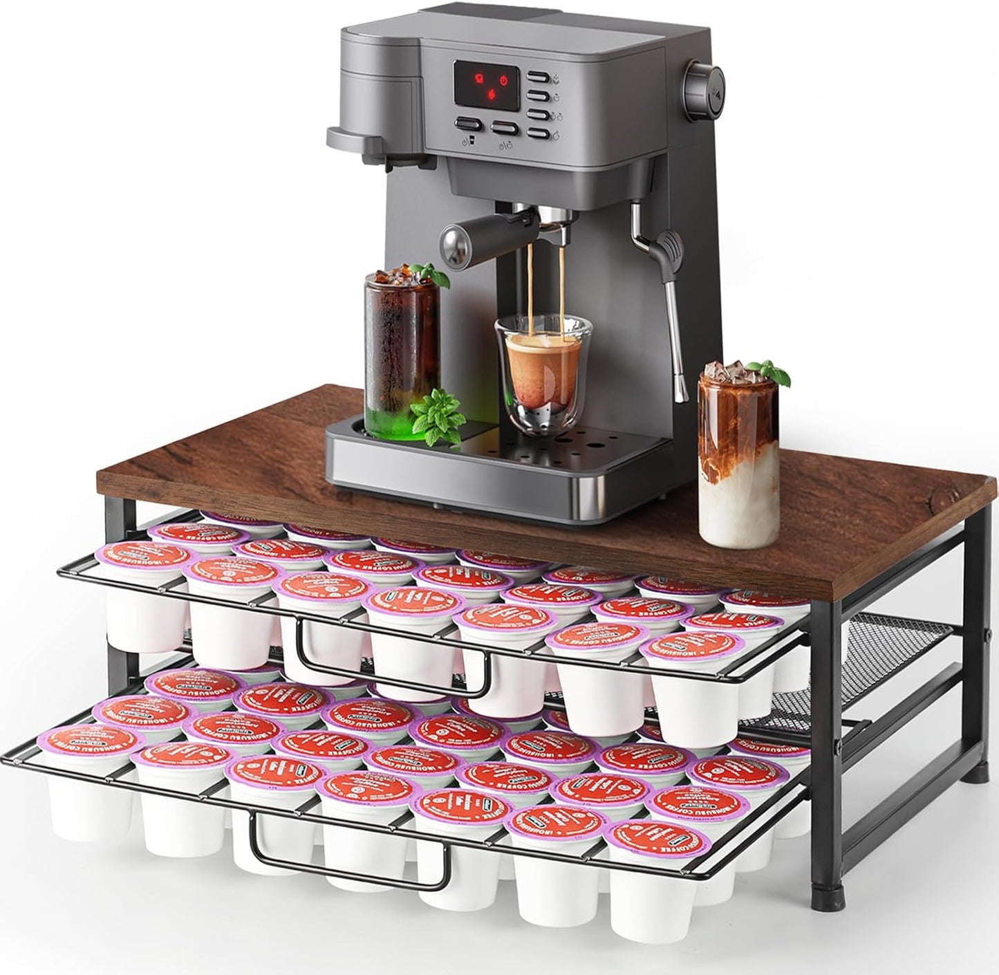 K Cup Holder Organizer for 70 Pods, 2-Tier Coffee Pod Holder for K-Cup with 2 Sliding Storage Drawers, Coffee Station Bar Organizer for Kitchen Countertop, Home & Office, Wooden